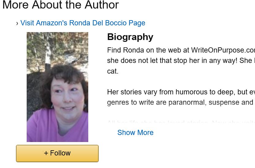 Ronda Del Boccio's photo shows up with her bio on all her book pages because she has an Amazon author profile